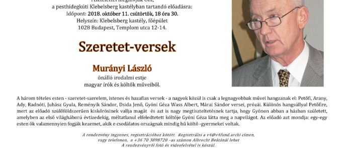 Murányi László önálló irodalmi estje: Szeretet-versek Murányi László önálló irodalmi estje: Szeretet-versek